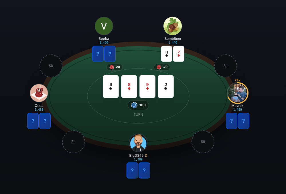 pokr poker table with five players mid-hand